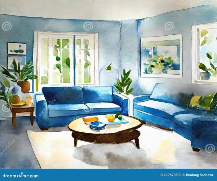 Aquarellbild wohnzimmer mit blauen kissen