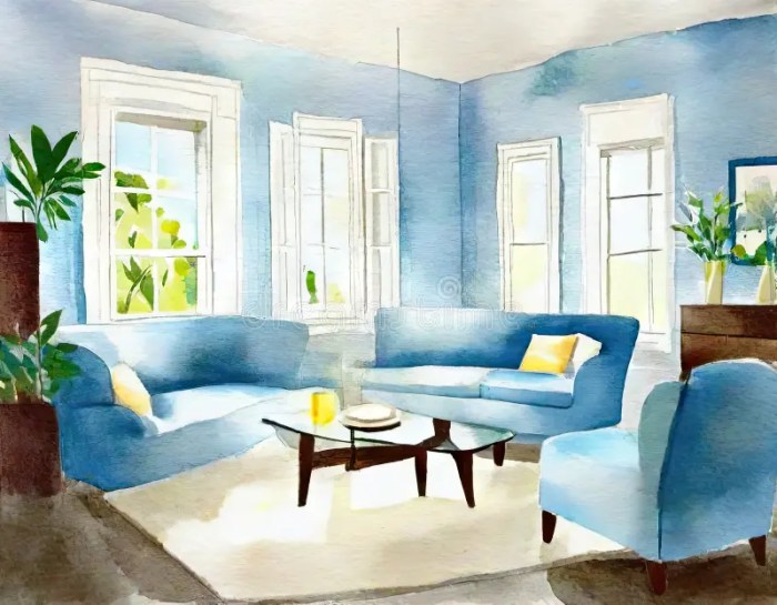 Aquarellbild wohnzimmer mit blauen kissen